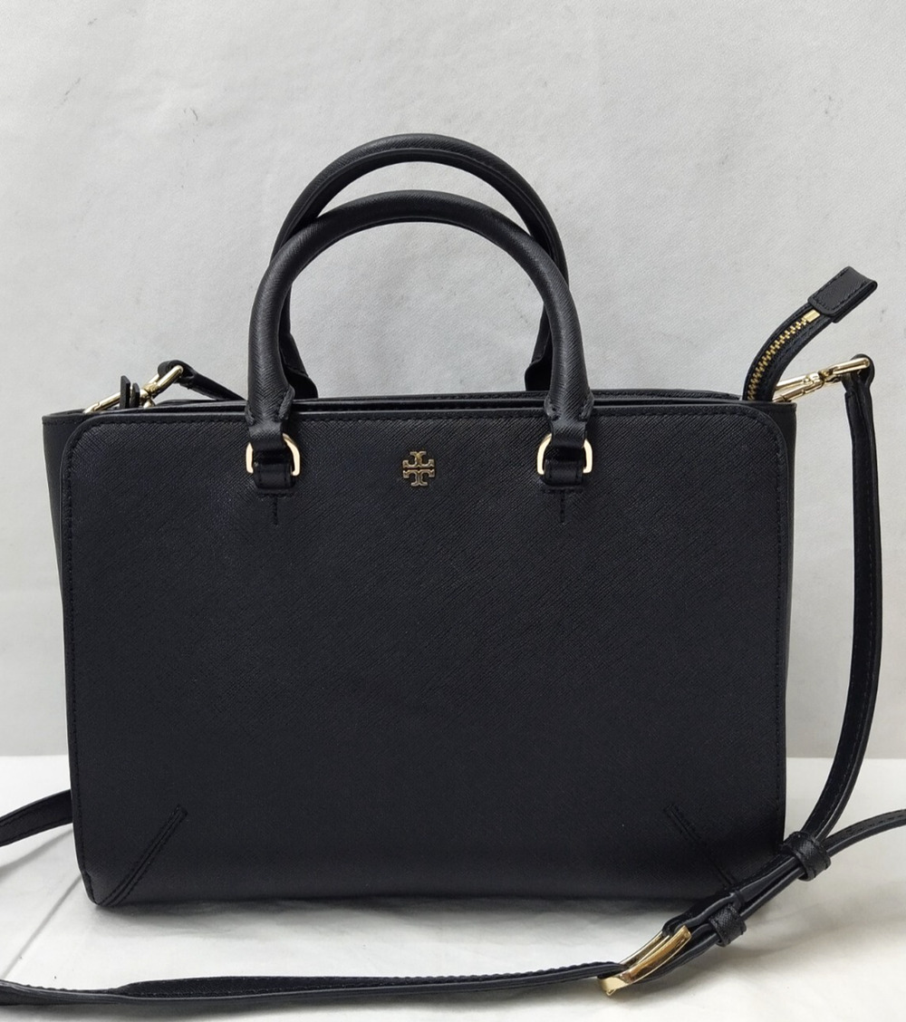 Tory Burch Robinson Black Leather Double Handles Zipper Satchel Bag